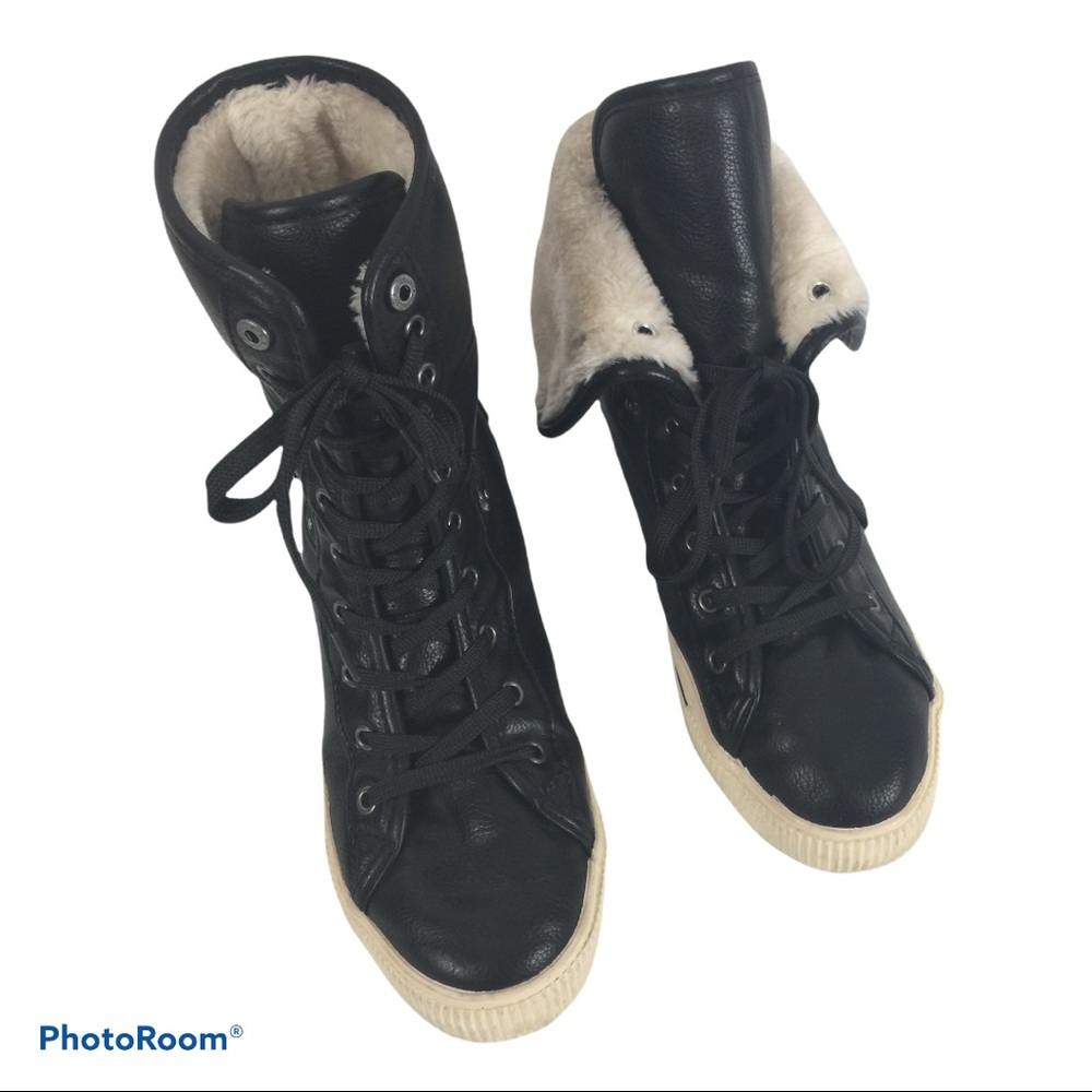 Faux Leather 6.5 Black Fur Lined Combat Boots